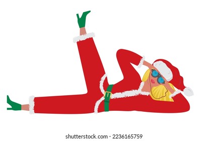 Cool woman as Santa Claus. Lying down, looking through binoculars. Isolated on white. Vector illustration
