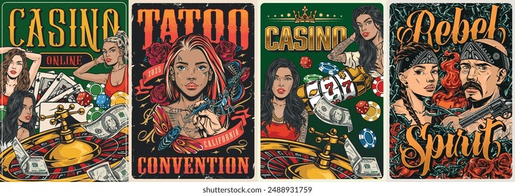 Las mujeres geniales establecen pegatinas coloridas con bellezas de casinos y gangsters o amo de la Ilustración vectorial del salón de tatuajes