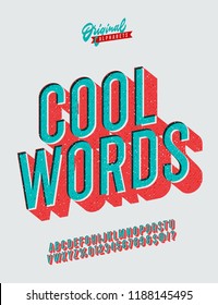 'Cool Words' Vintage 3D Sans Serif Rounded Alphabet With Long Shadow Effect. Retro Typography. Vector Illustration. Great For Making Quotes.