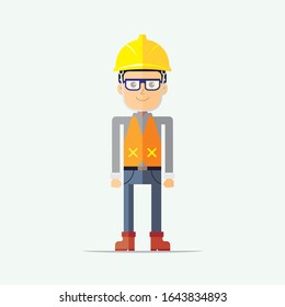 Cool worker character wearing hard hat, orange vest and safety google glass.