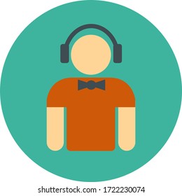 Cool worker vector icon. Style is bi color flat circled symbol, black and orange colors, rounded angles, green background.