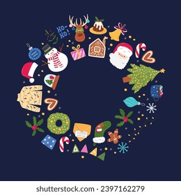 Cool xmas background with copy space. Merry Christmas traditional and seasonal symbols. Home festive decor collection. Round concept. Happy New Year hand drawn flat vector circle frame illustration