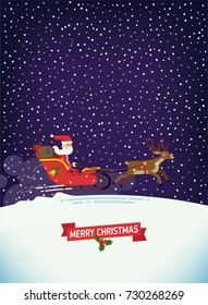 Cool Xmas snowy background with space for text. Poster vector template with Santa Claus riding fast in red sleigh pulled by deer carrying gift sack. Ideal for winter holidays web and graphic design