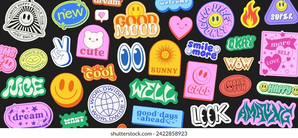 Cool Y2k Aesthetic Stickers Collage Vector Illustration. Trendy Cute Smile Patches Bundle. Comic Pop Art Graphic Gesign Elements. 