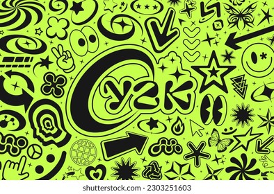 Cool Y2K Background Vector Design. Acid Rave Graphic Elements. Trendy Geometric Pattern.