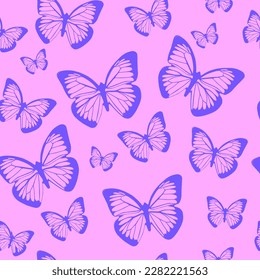 Cool Y2K Butterfly Seamless Pattern Vector Design. Trendy Groovy Background. Retro Vintage Texture.