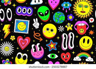 Cool Y2k Cute Seamless Pattern Stickers Collage. Cartoon Style Comic Texture. Funny Pop Art Groovy Illustration. Funky Background.