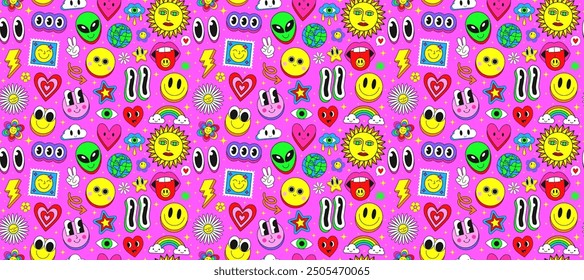 Cool Y2k Cute Seamless Pattern Stickers Collage. Cartoon Style Comic Texture. Funny Pop Art Groovy Illustration. Funky Background.