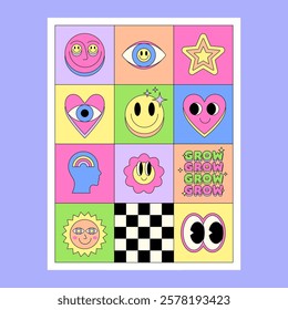 Cool Y2k Funny Faces Poster Vector Desing. Pop Art Groovy Placard. Cute Cartoon Characters.