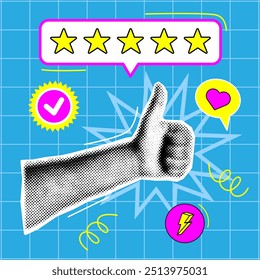 Cool Y2k, Groovy banner with five stars and hand with thumb up. Collage with dots, heart, lightning, like icon and 5 elements for rating, status designations. Customer reviews, overviews.Vector EPS10