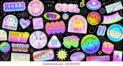 Cool Y2k Holograph Stickers Collage Pattern. Pop Art Futuristic Pop Art Patches Vector Design.