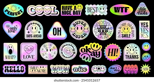 Cool Y2k Holograph Stickers Set Vector Design. Pop Art Gradient Patches.