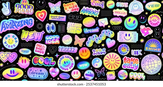 Cool Y2k Holographic Stickers Collage Seamless Pattern Vector Design. Trendy Pop Art Futuristic Patches Background.