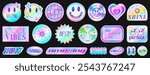 Cool Y2k Holographic Stickers Set. Collection of Vector Pop Art Patches Cyberpunk Style.