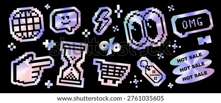 Cool Y2K pixel icon sticker pack. Black 8bit symbols on glossy holographic backgrounds. Cursor, smile, hand, globe, eyes, shopping cart icons. Trendy cyber UI elements for social media, digital design
