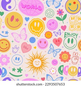 Cool Y2k Seamless Pattern with Smile Stickers. Pop Art Illustration for Print. Trendy Groovy Texture. 