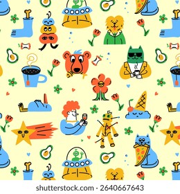 Cool Y2K Seamless Pattern Stickers Collage Background. Pop Art Groovy Patches Vector Design. Girly Texture