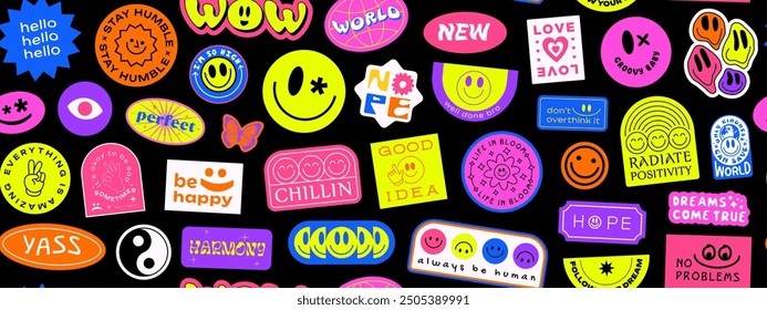 Cool Y2k Seamless Pattern Vector Design. Retro Groovy Stickers Collage Background. Pop Art Patches Backdrop Illustration.