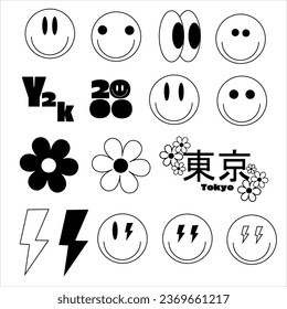 Cool Y2k Set,Black and White Stickers. inscription "Tokyo",Lightning,flowers,smile,2000s eyes.