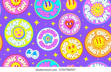 Cool Y2k Sticker Collage Seamless Pattern Vector Background. Trendy Groovy Funny Characters Patches Backdrop. Pop Art Funky Illustration.