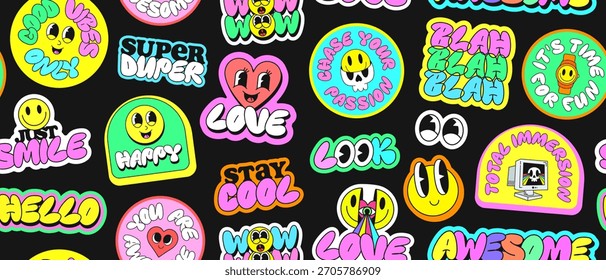 Cool Y2k Sticker Collage Seamless Pattern Vector Background. Trendy Groovy Funny Characters Patches Backdrop. Pop Art Funky Illustration.