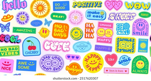 Cool Y2K Stickers Collage Pattern Background. Trendy Pop Art Patches Vector Design. Groovy Smile Badges.