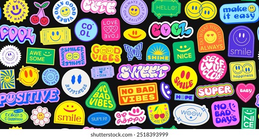 Cool Y2K Stickers Collage Pattern Background. Trendy Pop Art Patches Vector Design. Groovy Smile Badges.