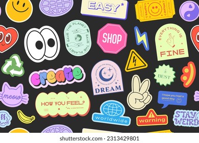 Cool Y2k Stickers Collage Seamless Pattern. Trendy Retro Groovy Comic Background with Patches.