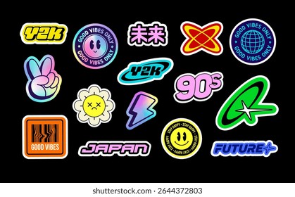 Cool Y2k Stickers pack. 2000's retro aesthetics text signs and quote stickers collection. Funny 90's tags with emoticons, anime cartoon, logo, futuristic typography. Cyber style vector elements bundle