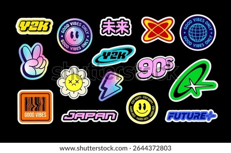 Cool Y2k Stickers pack. 2000's retro aesthetics text signs and quote stickers collection. Funny 90's tags with emoticons, anime cartoon, logo, futuristic typography. Cyber style vector elements bundle