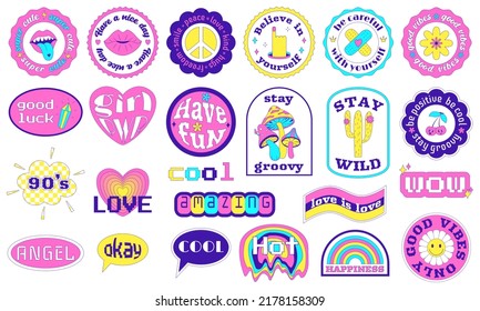 Cool Y2K Stickers Pack in geometric shapes. Text motivational, inspirational phrases and words. Trendy Cute Girly Patches collection acid weird surreal elements. Vector illustration isolated on white