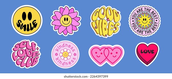 Cool Y2K Stickers Pack. Trendy Groovy Smile Patches. Pop Art Labels Vector Design.