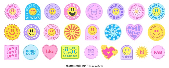 Cool Y2K Stickers Pack Vector Design. Trendy Cute Girly Patches Collection. Smile Emotions.