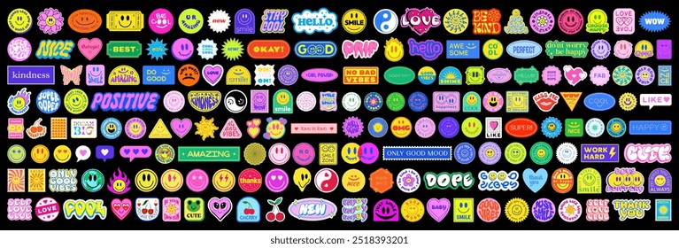 Cool Y2k Stickers Vector Elements Set. Collection Of Funny Pop Art Patches. Groovy Graphics. Cute 2000s Badges. 