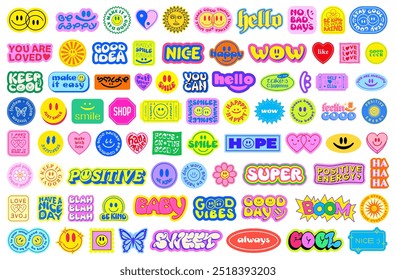 Cool Y2k Stickers Vector Elements Set. Collection Of Funny Pop Art Patches. Groovy Graphics. Cute 2000s Badges. 