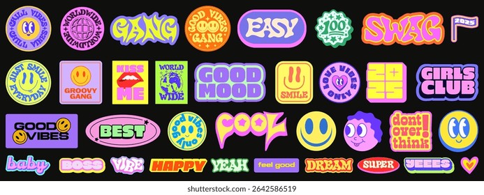 Conjunto de elementos de vetor de adesivos Y2k legal. Coleção De Patches De Arte Pop Engraçados. Gráficos Groovy. Crachás bonitos dos anos 2000.