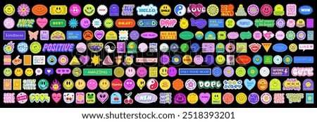 Cool Y2k Stickers Vector Elements Set. Collection Of Funny Pop Art Patches. Groovy Graphics. Cute 2000s Badges. 