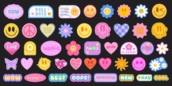 Cool Y2K Stickers Vector Pack. Set Of Trendy Groovy Patches. Pop Art Smile Emoji Labels. Vaporwave 2000s Graphics. 