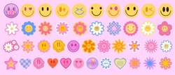 Cool Y2K Stickers Vector Pack. Set Of Trendy Groovy Patches. Pop Art Smile Emoji Labels. Vaporwave 2000s Graphics. 
