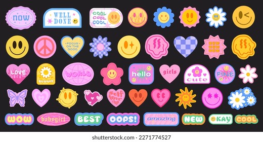 Cool Y2K Stickers Vector Pack. Set of Trendy Groovy Patches. Pop Art Smile Emoji Labels. Vaporwave 2000s Graphics. 