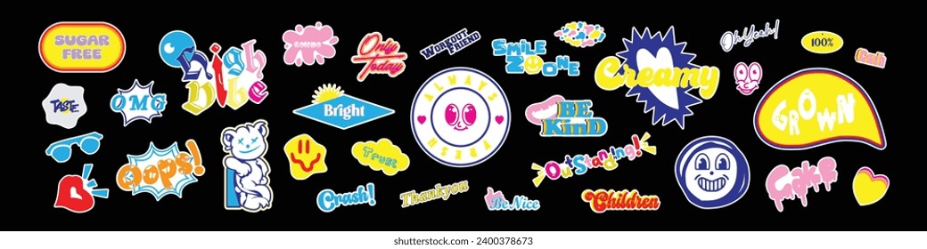 Cool Y2K Stickers Vector Pack. Set of Trendy Groovy Patches. Pop Art Smile Emoji Labels. Vaporwave 2000s Graphics. cute best sticker