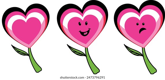 Cool Y2K Stickers Vector Pack. Heart shaped flower with different emotions. Set of Trendy Groovy Patches. Pop Art Smile Emoji Labels. Trendy Girly Patches Collection. Smile Emotions.
