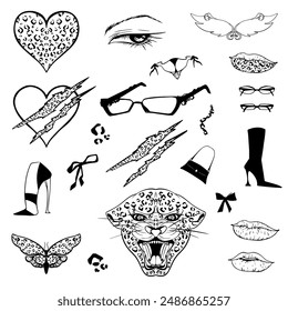 Cool Y2k tattoo set. Leopard Print, Fashion,Y2k, glasses, eye,heels, heart, lips, ribbon.