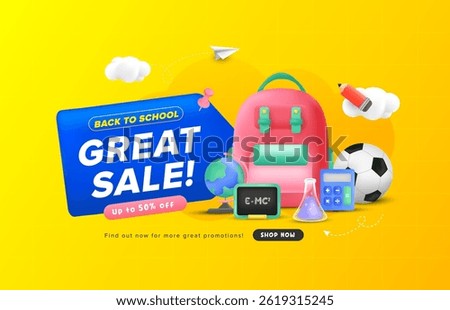 Cool yellow back to school background with blue arrow promotion sign. 3d sale concept elements. Vector illustration template for banner, web and promotion.