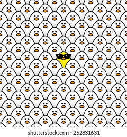 Cool Yellow Chick wearing Black Sunglasses surrounded by other identical White chicks