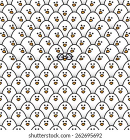 Cool Yellow Chick wearing Black Round Rimmed Glasses surrounded by many identical White chicks with some Staring in its direction