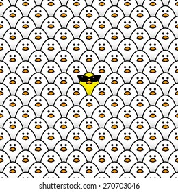 Cool Yellow Chick wearing Ladies Retro Sunglasses surrounded by many identical White chicks Staring at Camera 