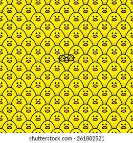 Cool Yellow Chick wearing Round Black Framed Glasses surrounded by many identical Yellow chicks Staring at camera