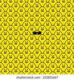 Cool Yellow Chick wearing Sunglasses surrounded by many identical Yellow chicks Staring at camera