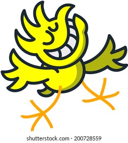 Cool yellow chicken with a fancy quiff grinning enthusiastically, stretching its legs and wings and clenching its eyes as for greeting and presenting something